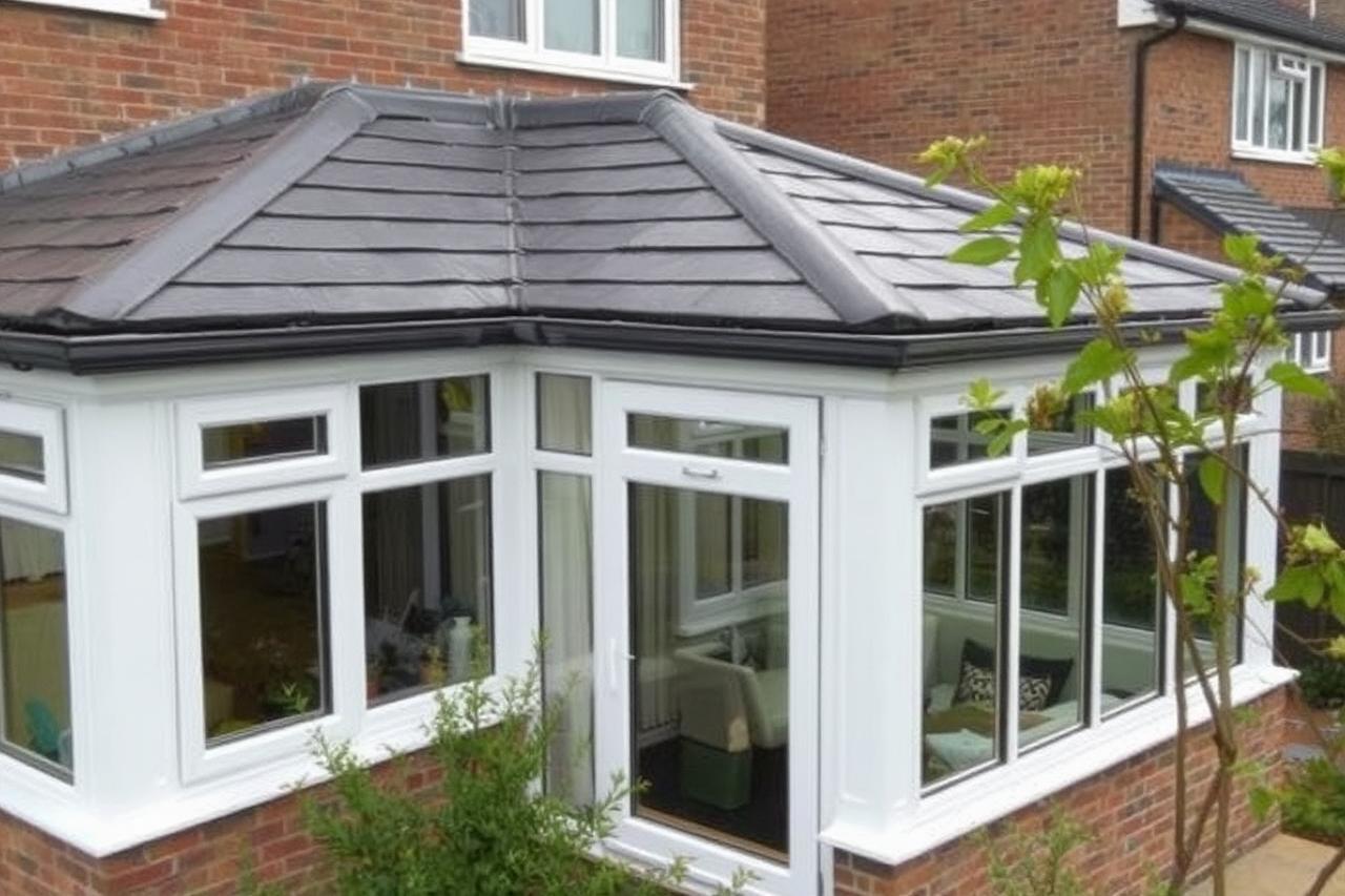 Lightweight tiled warm roof fitted to an existing white uPVC conservatory on a South Wales home