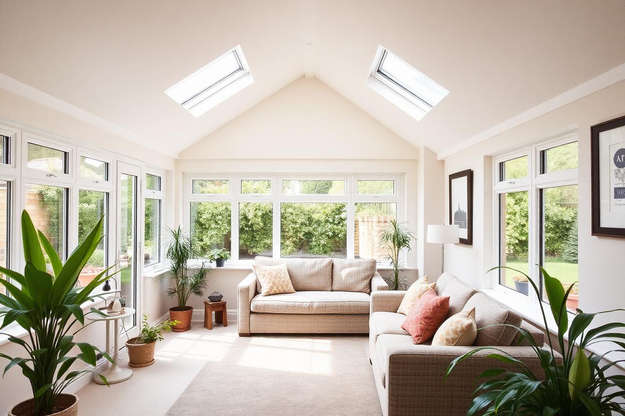 Inside a solid roof conservatory with a vaulted plastered ceiling and two roof windows bringing daylight into the room