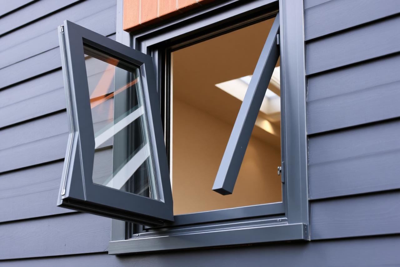 Anthracite grey tilt and turn window held open in the tilt position on a South Wales home